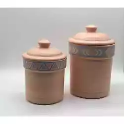 Rare Vintage 1987 Treasure Craft Southwest Aztec Peach and Blue Kitchen ceramic canister Jars with Lids Set Of 2. The...