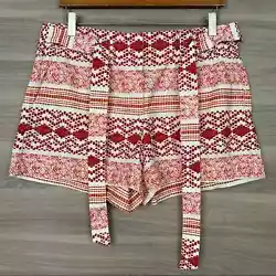 EUC red and orange patterned stripe shorts, hook and zipper closure, paper bag waist style with belt, and pockets. No...