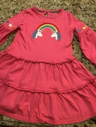 Mini Boden Pink Bright Tiered Unicorn Appliqué Jersey Dress 4/5 Yr. This dress is in really nice condition. No rips....