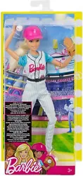 Barbie baseball player doll wears a baseball uniform in blue, white and pink with matching cleats, a black belt and a...