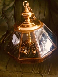 Vtg FREDRICK RAMOND Brass 10-Light Ceiling Pendant Beveled Glass Crystal Etched two-color Panes Pendant Light. There...