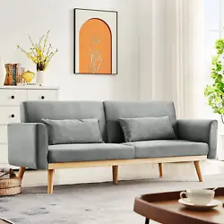 Grey Futon Sofa Bed, Velvet Convertible Sofa Couch Sleeper with Wood Legs & 2 Pillows, Upholstered Loveseat for Small...