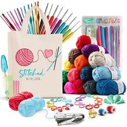 73 Piece Crochet Kit Crochet Hooks Knitting Needles Yarn Bolls and Tote Bag Set.