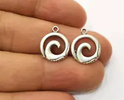 Wave Sea Round ocean Beach Antique Silver Plated Charms jewelry Accessories. Color: Antique Silver.