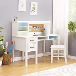 Taiga Desk, Hutch and Chair - White: StudentS Study Computer Workstation with Multiple Storage Cubbies & Two Spacious...