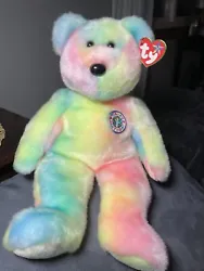 TY Birthday Bear Beanie Buddy B.B. Bear Soft Fuzzy Ty Dye With Tag 14in Perfect!. This is in beautiful, like new...