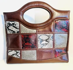 60s Earth Tone Patchwork Faux Leather Purse. This mod purse is so much fun! I love the oval-shaped integrated handle!...