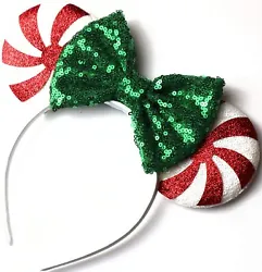 Christmas Red Green Peppermint Candy Minnie Ears Headband Disney Park Handmade. Condition is 