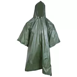 NEW All-Weather™ Olive Green Hooded Waterproof Poncho. Features non-conductive PVC material, hood with drawstring...