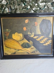Tableau ancien huile début XIXème. Sur isorel. Cadre napoleon, doré or 14 carats. Copie le jeu déchec de baugin...