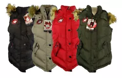 Full-Zip & Snap Puffer Vest. Hood with Detachable Faux Fur. Hood Faux Fur Trim: 75% Acrylic, 25% Polyester. Canada...