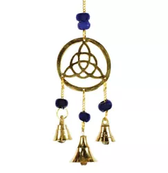 Features a central Celtic Triquetra (trinity knot) accented by beads and three bells hanging below.