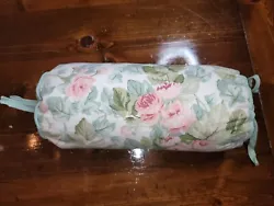 Laura Ashley Bolster Pillow Small Neck Roll Green Pink Roses Floral Throw. In excellent condition.  Guest room only. 