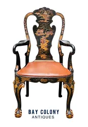 20TH CENTURY CHINESE CHIPPENDALE STYLE CHINOISERIE PAINTED BALL & CLAW DESK CHAIR - ARM CHAIR. The chair is heavily...
