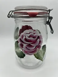 Vintage Arc France Hand Painted Mason Jar Storage Container Pink &White Flowers. Some areas on leaves where paint got...