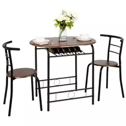 Set includes 1 dining table and 2 chairs. Easy to assemble with instructions provided. A wine rack for more storage...