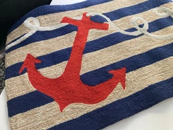 NAUTICAL BLUE & WHITE & RED. HAND TUFTED INDOOR OUTDOOR FLOOR, DOOR, AREA RUG CARPET MAT. ANCHOR MOTIF AND ROPE.