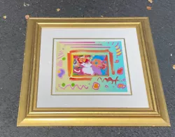 Peter Max Overpainted Serigraphy Framed mixed media painting. Overpainted serigraphy Acrylic glassSignedOverall good...