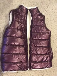 Girls size large (14) puffer vest Reversible Warm Burgundy plum maroon metallic shine with Off White faux fur...