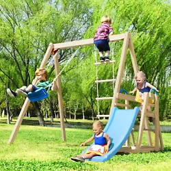 Play together - This wooden swing set allows your kids to have fun with their friends. Shuttle back and forth between...