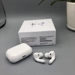 Airpods on the left and right. Apple AirPod Pro. Charging case. Charging cable.