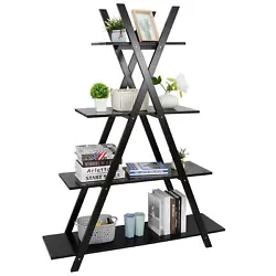 Long plank shelves intersect two leaning ladder supports. 4-shelf shelving unit for living room, bed room, kids room,...