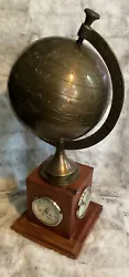 Vintage Etched Brass Sphere Globe Sphere ,etchedWith Wood Base 4 Clocks -Paris time-London time- Moscow time & New York...