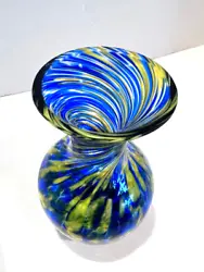 Beautiful Small Blown Glass Confetti Vase. Blue and Yellow Twisted Swirl. 5