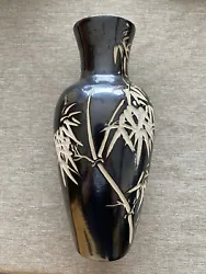 Vintage, black mirror glaze on porcelain, carved bamboo design vase. Original sticker on base reads Hansons (export...