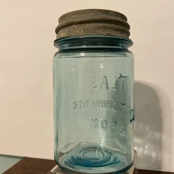 Vintage Aqua Blue Glass 1 Pint ATLAS STRONG SHOULDER Mason Canning Jar ZINC Lid. Nice clear jar marked 10 with visible...