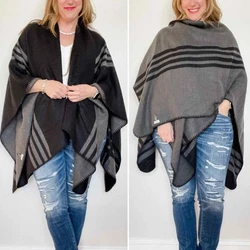 Big and cozy BB Dakota reversible black/gray shawl wrap blanket scarf! Color may vary by screen. Sizes vary between...