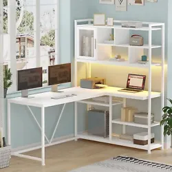 L Shaped Desk with Bookshelf. The decent layout corner computer desk has a large desktop, led strip, 7 tiers open...