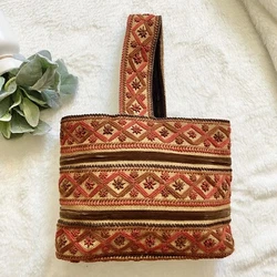 Vintage Handmade Burlap Tote Bag Geometric Stitched Tan & Brown Boho. Great condition! Vintage hand made tote bag Tan...