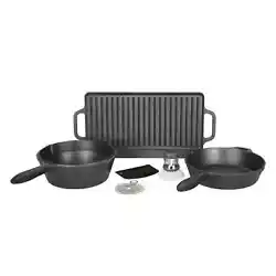 The Ozark Trail 8 Piece Cast Iron Cooking Set with 2 Locking Skillets, 1 Grill is made of durable cast iron that will...