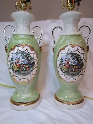 Antique George And Martha Lamps Pair- Green White Gold  New wiring and harps No shades Chip on one lamp - see photos ...