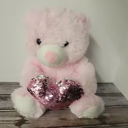 Pastel Pink Bear Plush Stuffed Animal Toy W/Flip Sequin Heart 11