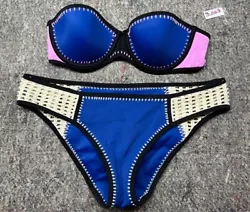 Crochet side bikini. Blue, pink, black.