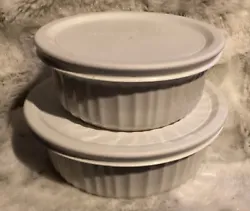 4 pc Corning Ware French White Baking Casserole Dishes Round1 dish 24oz with lid 6.5” round1 dish 15oz w Lid 5.5”...