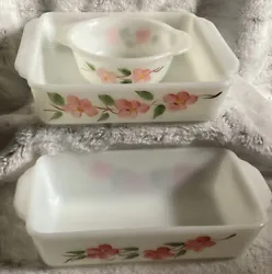3 Vintage Fire King Casserole Baking Dishes…..in excellent condition..no chips or cracksPeach Blossom 8” x 8”...
