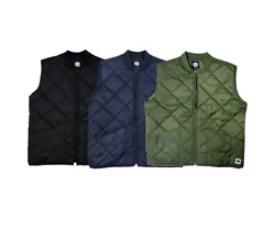 Insulated Vest. Buffalo Outdoors. Shell, Lining: 100% Polyester. Comfort Fit. Color: Navy Blue, Black, and Moss Green.