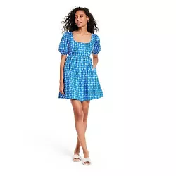 •Eyelet-print mini dress in light blue •Made of lightweight cotton •Square neckline •Short balloon sleeves...