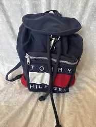 Vtg Tommy Hilfiger 90s Big Flag Logo Spell Out Navy Blue Red Backpack Cinch Bag. Does have some imperfections, see...