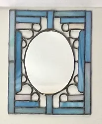 Vintage Art Deco Wall Mirror Blue Stained Slag Glass Frame 7.5”x9.5” Hand Made,Mirror is in Excellent Condition...