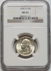 CERTIFIED BY NGC FINE 15. 1932 -D SILVER WASHINGTON QUARTER. DENVER MINT. CONTAINS: 6.25 GRAMS OF. 900 SILVER.