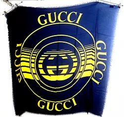 Square with GG Logo and Spellout Logo in Navy Blue & Yellow. GUCCI Blue & Yellow Logo Scarf. Width Size: 55 in (140...