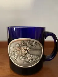 Heritage Metalworks Fine Pewter Cobalt Blue with Pewter Skier Glass Mug. Condition is 