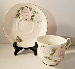 Hitkari Bone China Tea Cup and Saucer Set. White with pink roses and gold trim.