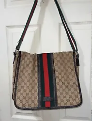 This Gucci messenger bag boasts the iconic GG print in brown canvas and leather, making it a stylish accessory for any...