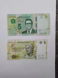 Deux billets de 5 Dinars UNC, 2013 et 2022. Tunisie