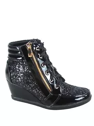 Shiny Patent glitter upper. Round toe front, Lace Upper. Zipper is for decoration only. Shaft Length: 6.5